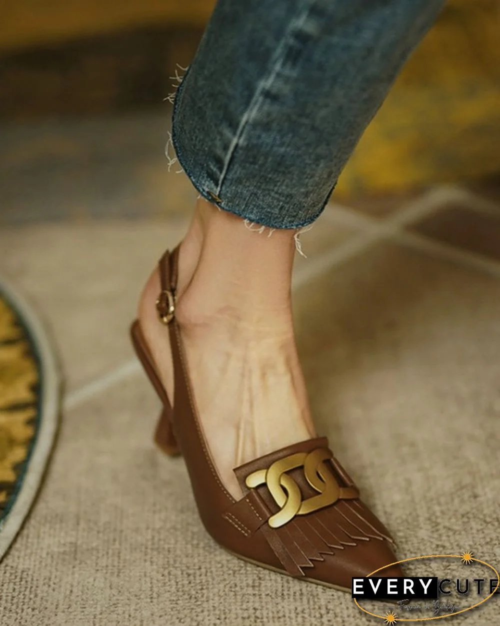 Pointed-toe Solid Color Splicing Tassel Buckles PU Leather High Heels