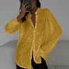 Women's Shiny Sequin Thin Lapel Long Sleeve T-Shirt Top