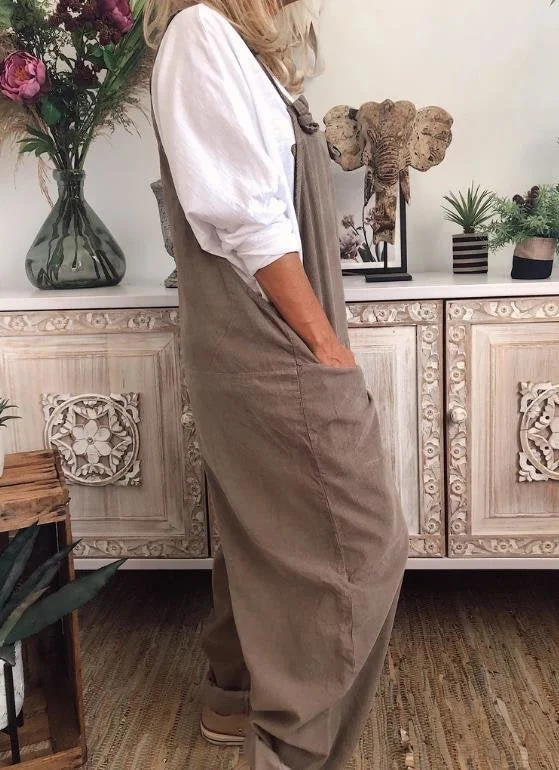 Brownm Solid Color Casual Mid Waist Retro Pocket Sleeveless Cotton Linen Lace-up Jumpsuit