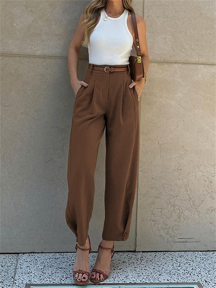 Women's Fashion Temperament Commuter Solid Color Loose High Waisted Pockets Nine-minute Drawstring Suit Pants