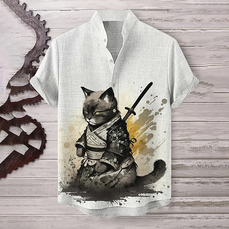 Japanese Samurai Cat Meditating Art Linen Blend Cozy Shirt