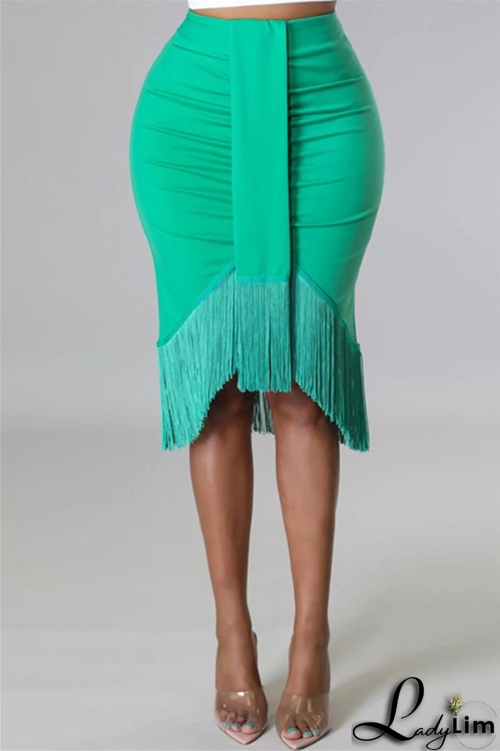 Green Fashion Casual Solid Tassel Split Joint Regular High Waist Skirt