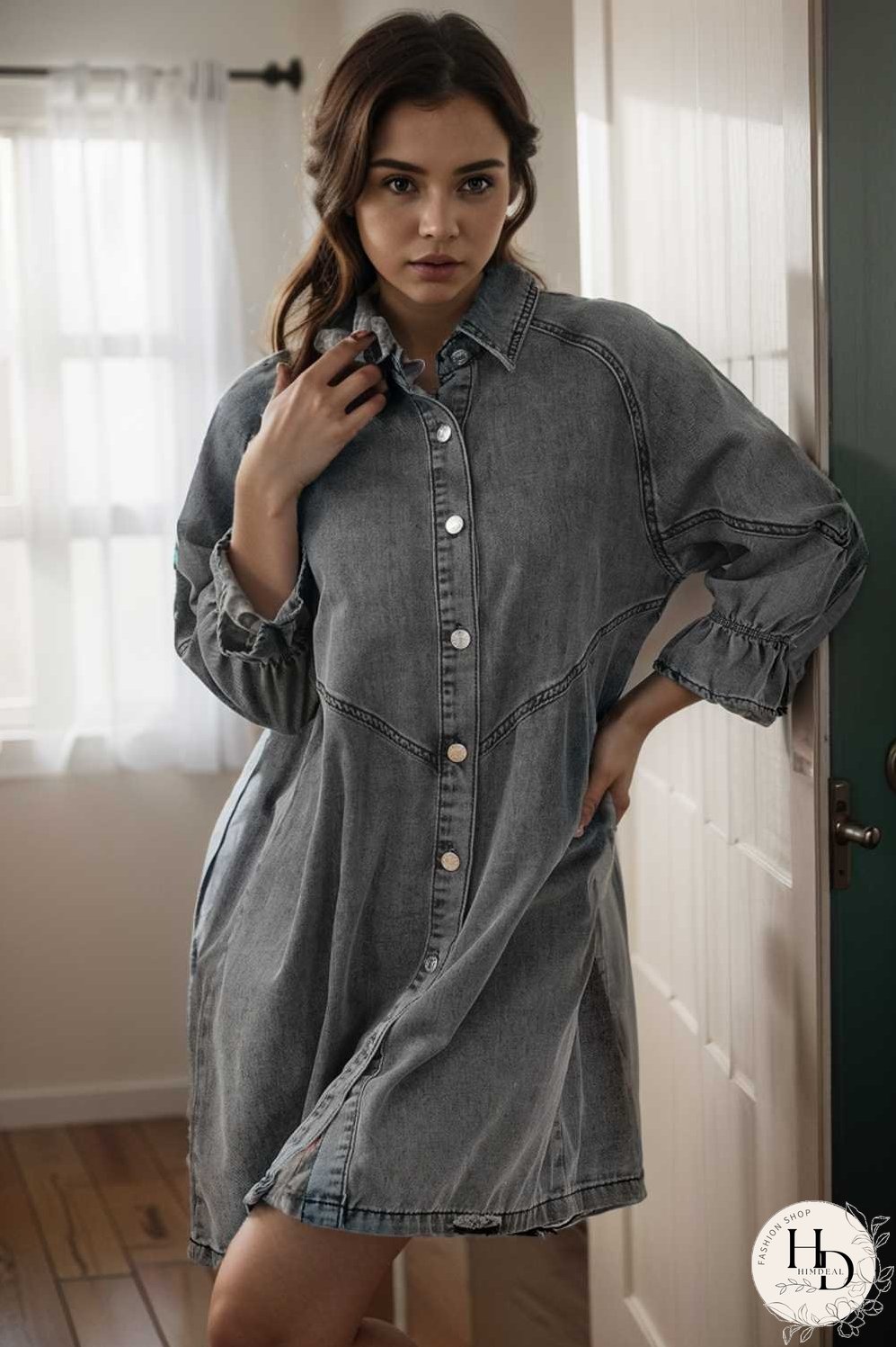 down loose short sleeve denim jean dress drop shoulder a line paneled peasant closed bateau v neck dress