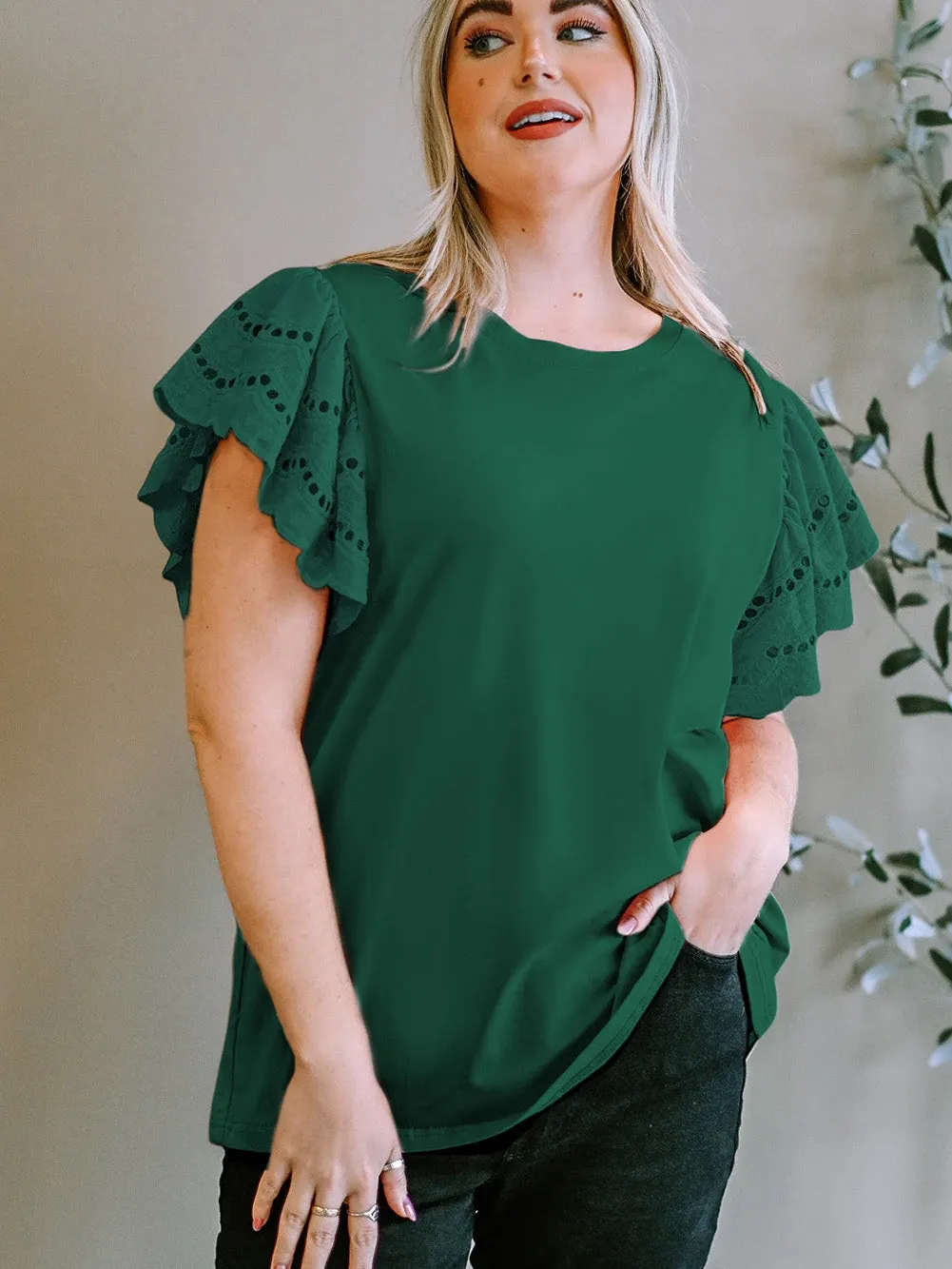 Green Eyelet Flutter Sleeve Plus Size Top