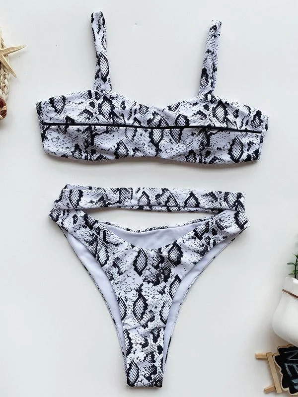 Snake-Print Bandeau Hollow Split Bikini Swimsuit