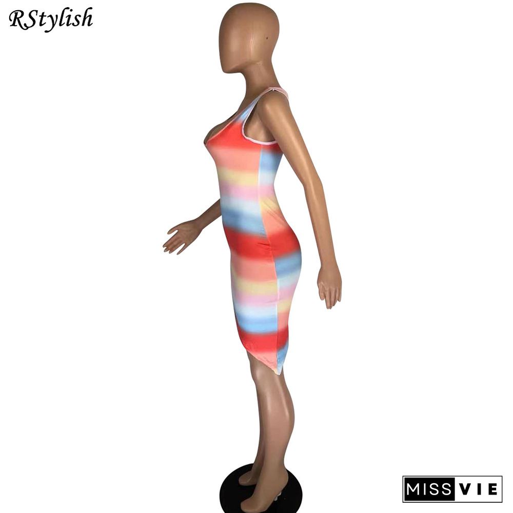 Women Vintage Rainbow Stripe Print Sleeveless Mini Dress