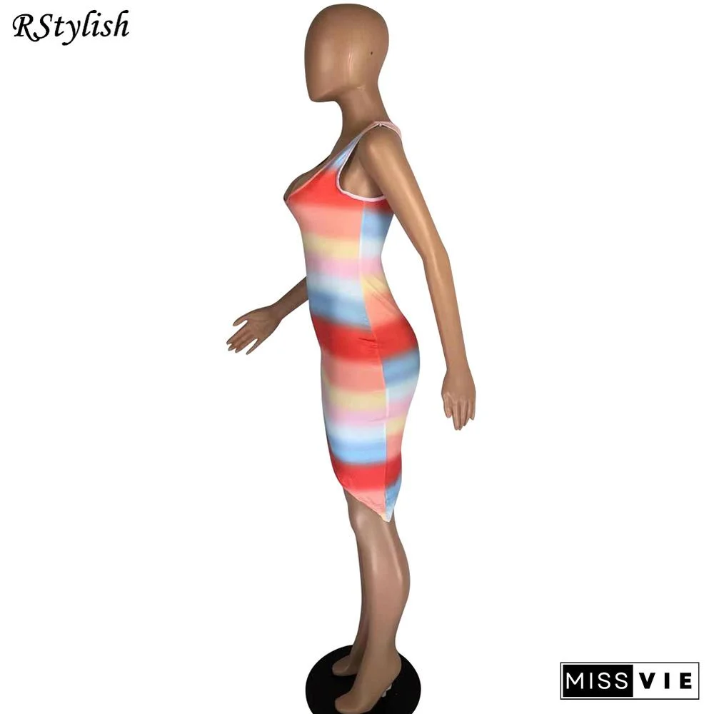 Women Vintage Rainbow Stripe Print Sleeveless Mini Dress