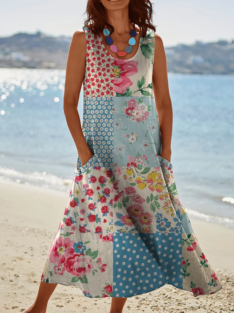 Women's Retro Elegant Flowers Patchwork Art Print Casual Pocket Pinafore Linen Dress socialshop