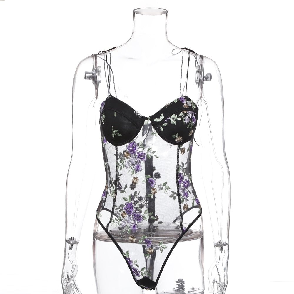 2021 new Purple Floral Embroidery Lace Bodysuits Womens Bow Strappy Sexy Mesh Body suit Transparent Bodycon Romper