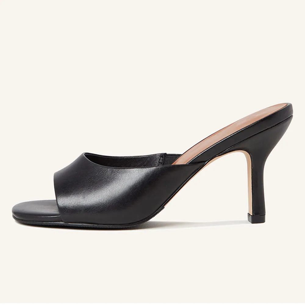 Black Vegan Leather Open Square Toe Chunky Heel Slide Sandals