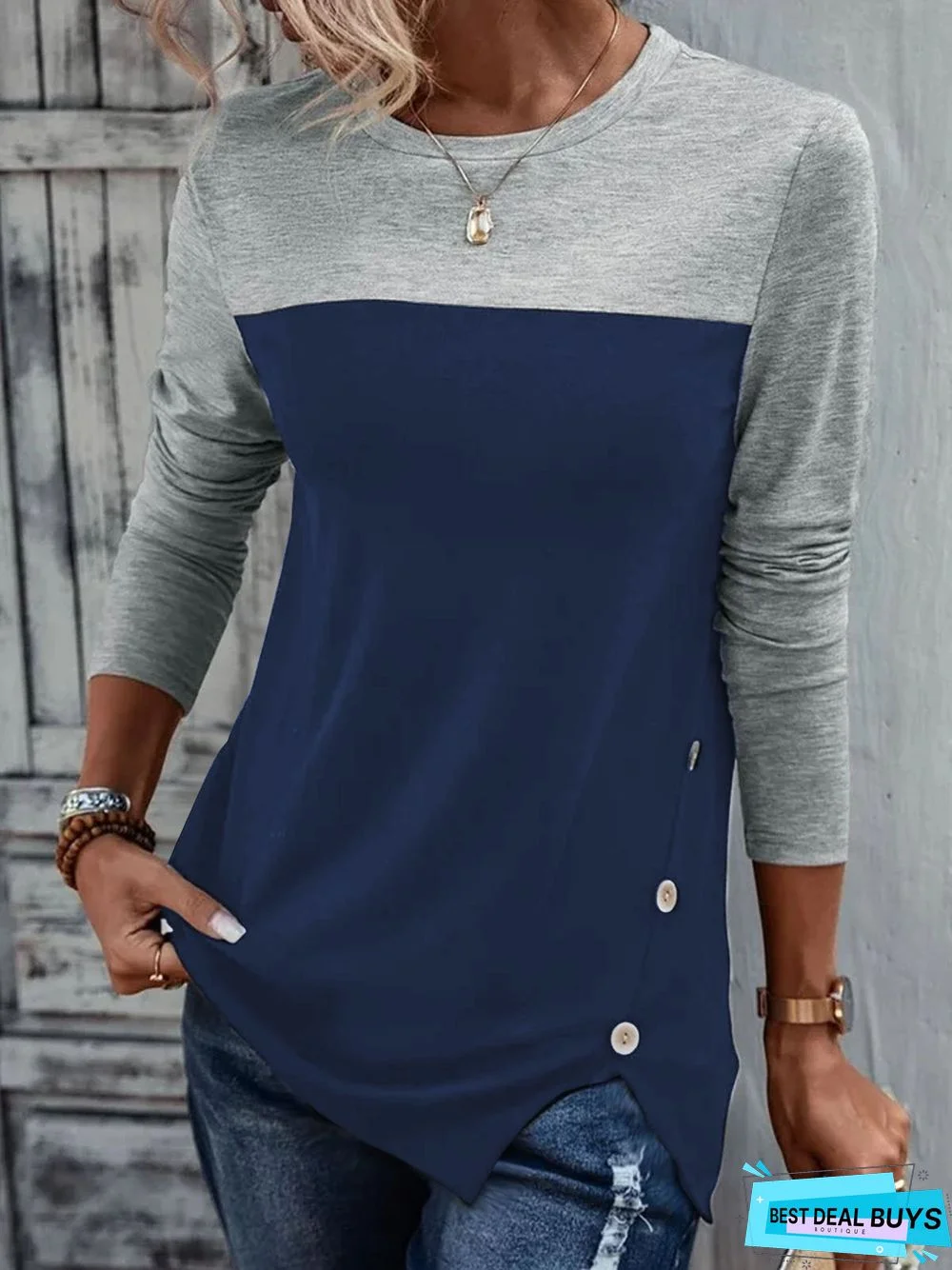 Plain Casual Color Block Jersey Crew Neck T-Shirt