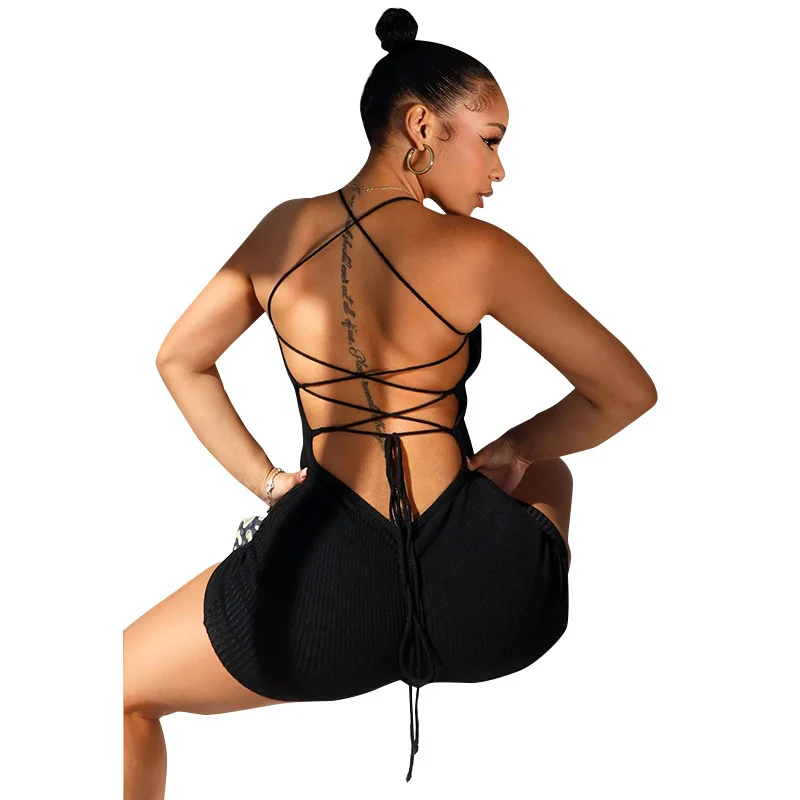 Uveng Uveng Women's Summer New Sleeveless Hanging Neck Back Hollow Rope Joint Shorts