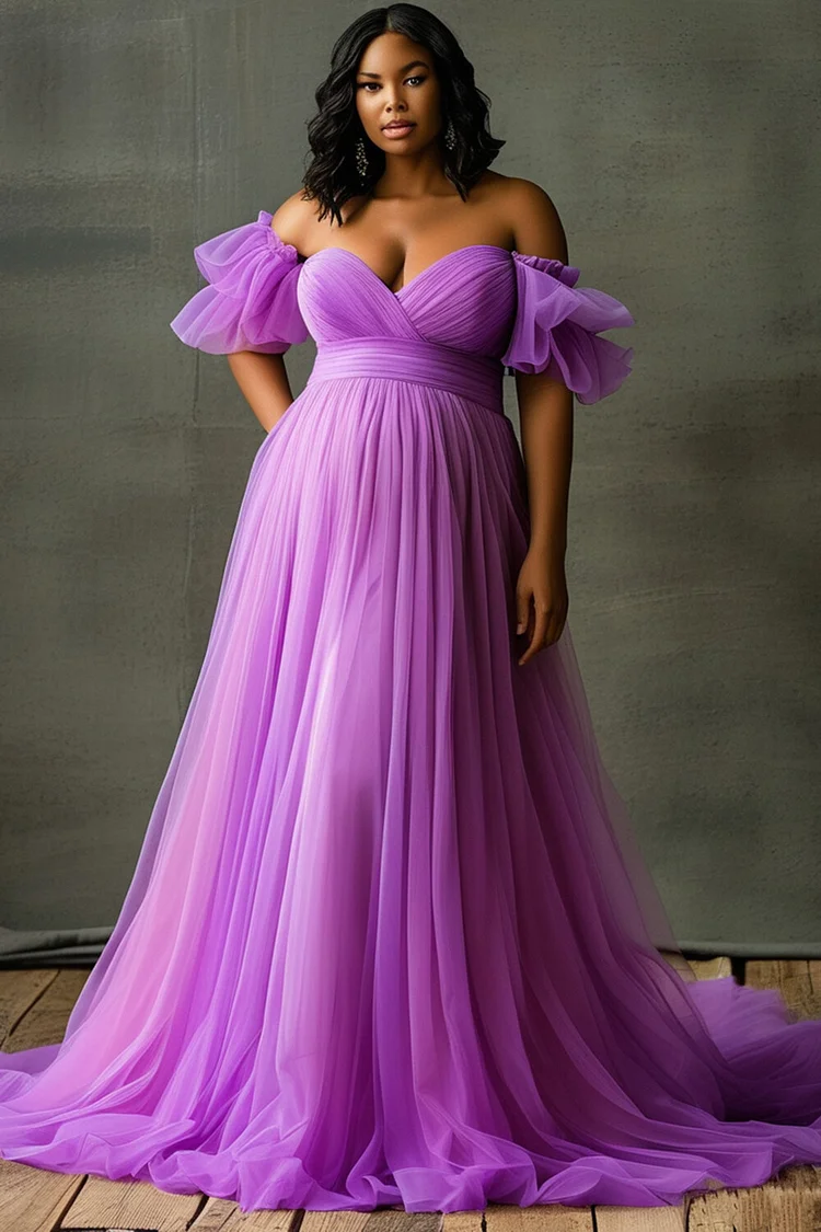 Xpluswear Design Plus Size Wedding Purple Off The Shoulder Short Sleeve Tulle Maxi Dresses [Pre-Order] 2024 - Xpluswear