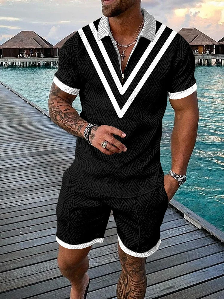 Men's Fashion Printed  Zip Polo Shirt and Shorts Two-Piece Suits