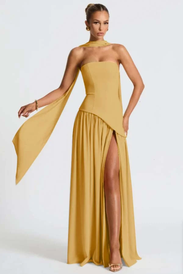 Light Yellow Fashion Split Strapless Summer Prom Dress With Scarf ZT0800