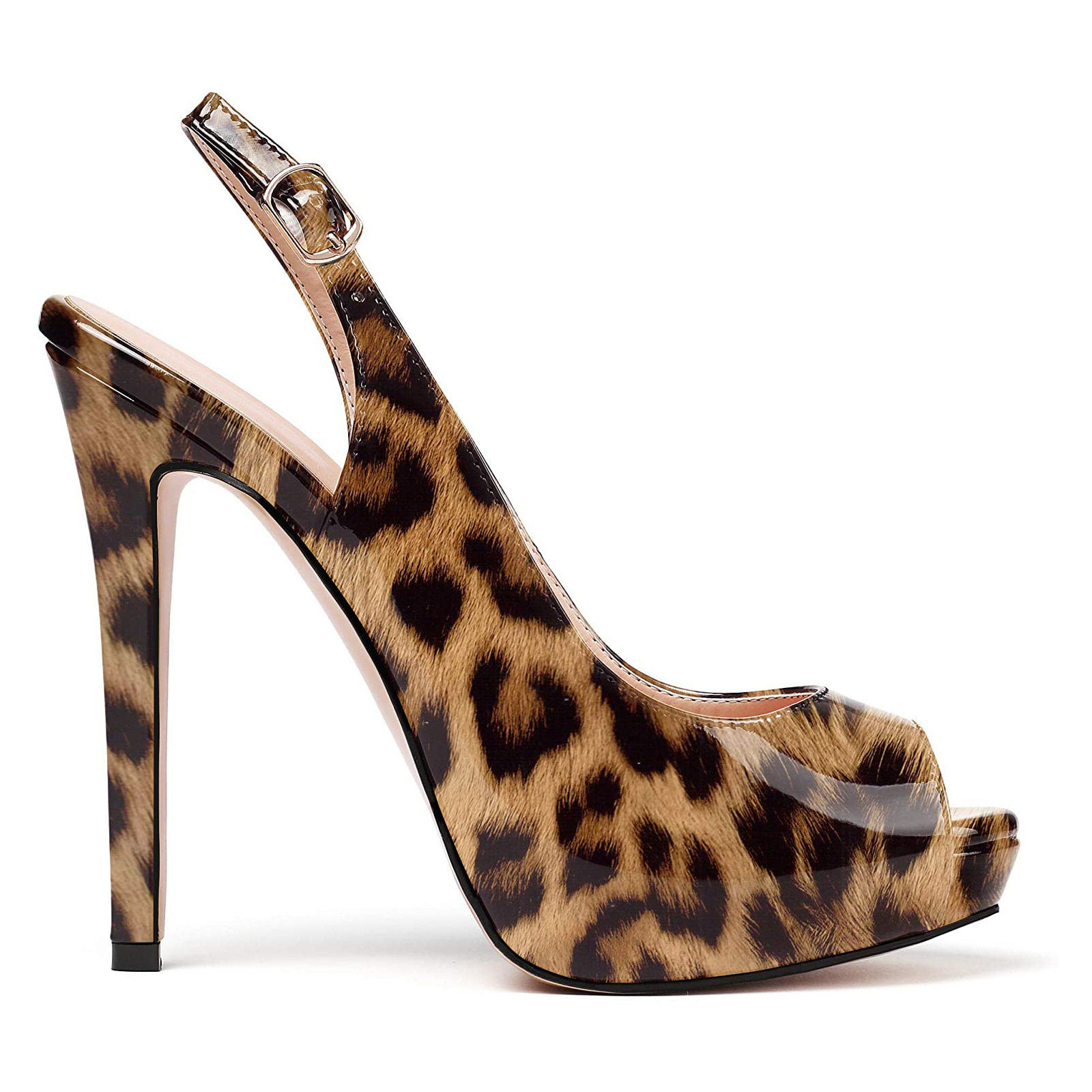 120mm Strap Slingback Sandals Peep Toe Platform Stilettos Leopard Patent Heels-vocosishoes