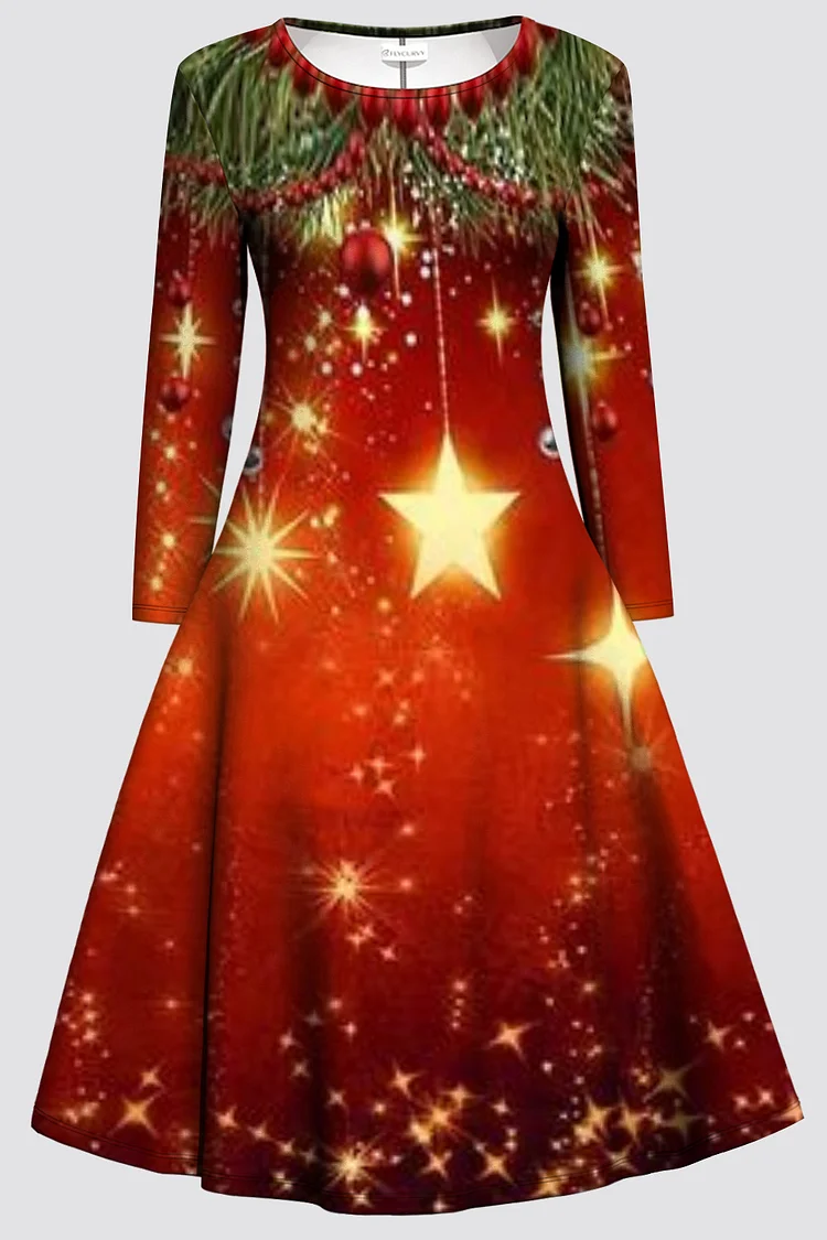 Flycurvy Plus Size Christmas Red Ombre Sparkly Star Print Long Sleeve Tea-Length Dress  Flycurvy [product_label]