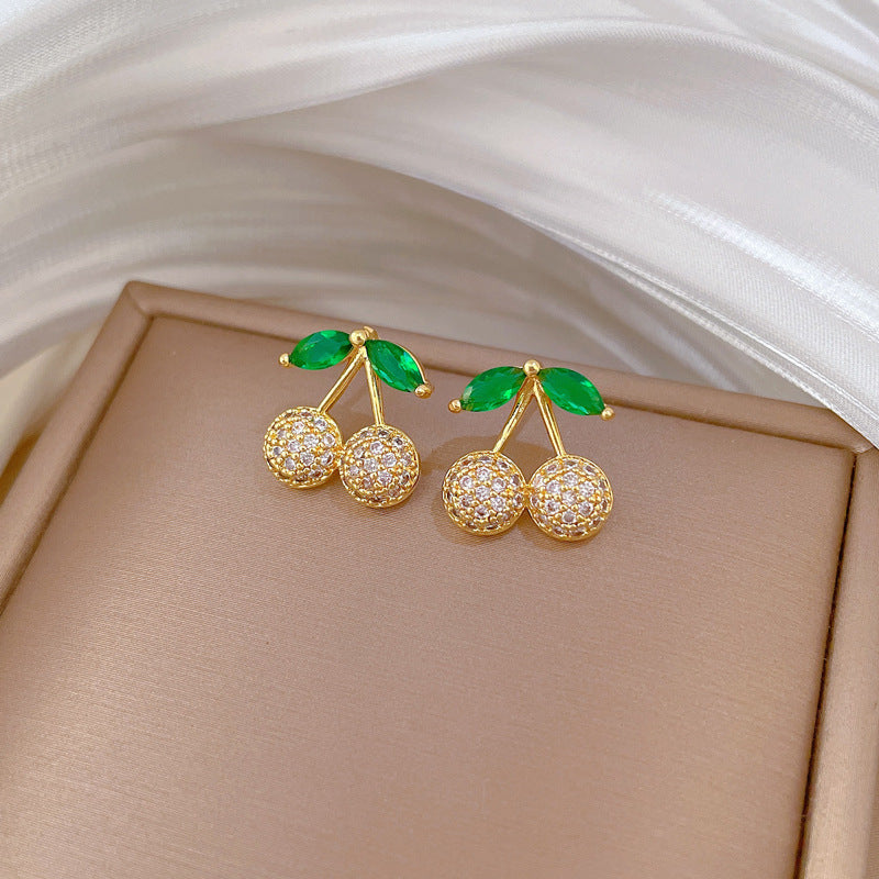 Green Leaf Cherry Necklace Earrings Set Micro-Inlaid Personalized Banquet Earrings And Necklace Combination