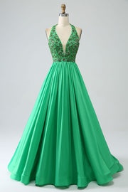 Ovlias Dazzling Green Halter Backless Rhinestone V Neck Prom Dress LY0625