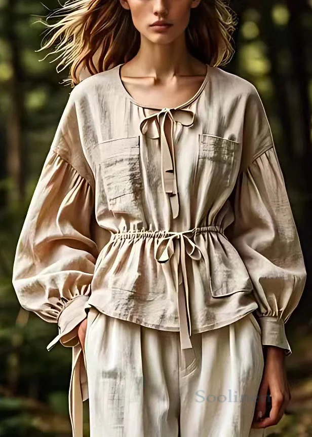 French Khaki Lace Up Solid Cotton Blouse Long Sleeve