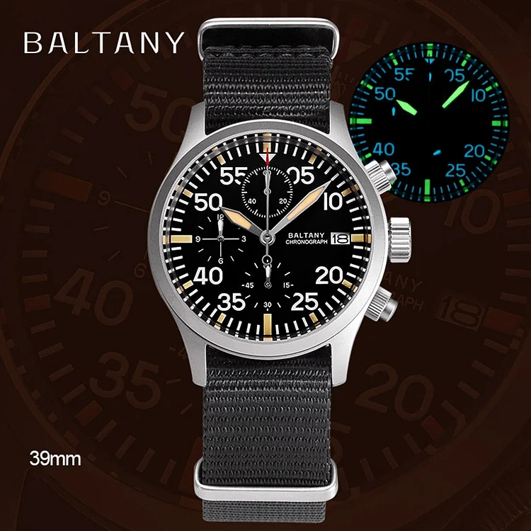 Baltany Military Watch 39mm Vintage Pilot VK67 Chronograph Quartz Luminous Clocks