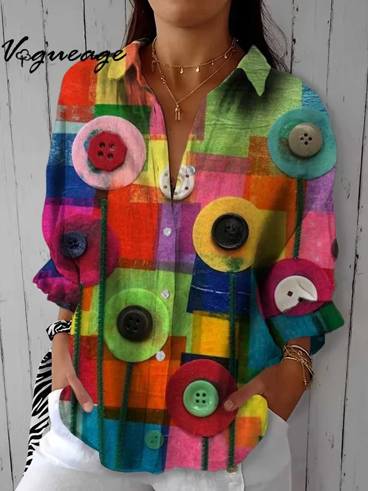 Stylish And  Bright Colorful Buttons Printed Cotton And Linen Shirt