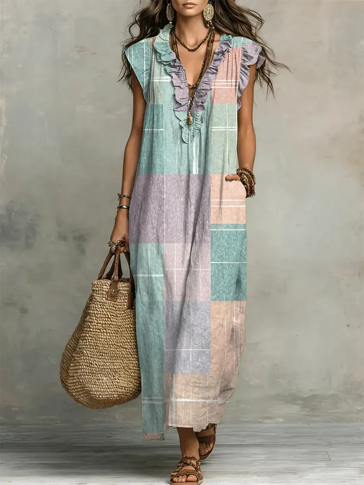 Women's Retro Geometric Lines Pattern Art Print Casual Ruffled Stylish Cotton Linen Dress