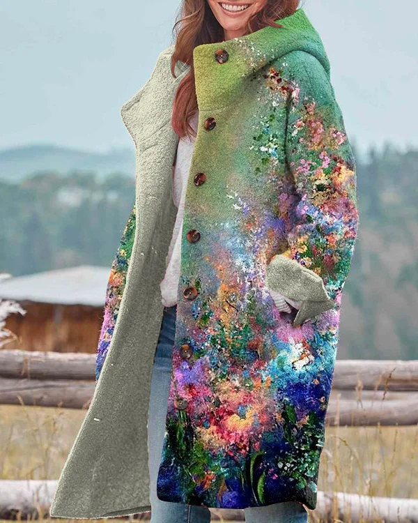 Vintage Floral Art Print Hooded Long Sleeve Jacket