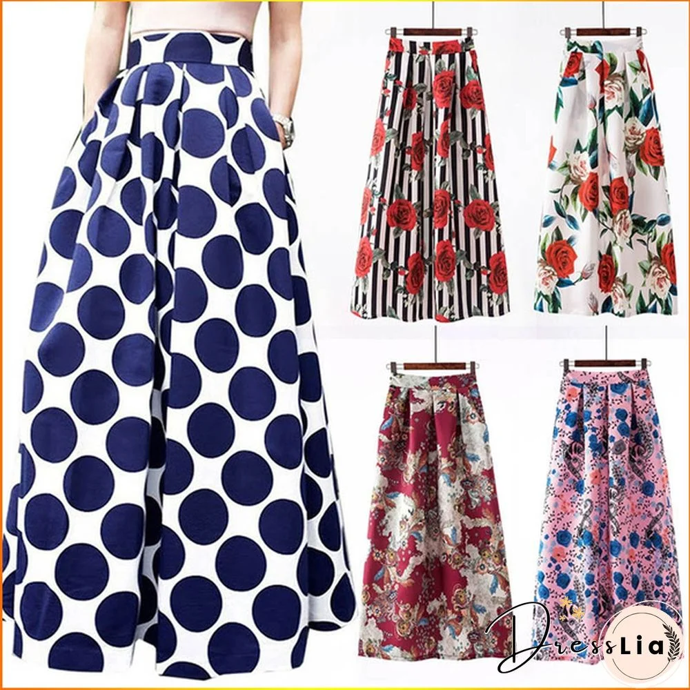Spring Summer Long Casual High Waist Maxi Skirts Prom Gown Dot Floral Print Loose Elegant A-Line Party Dress Streetwear For Women