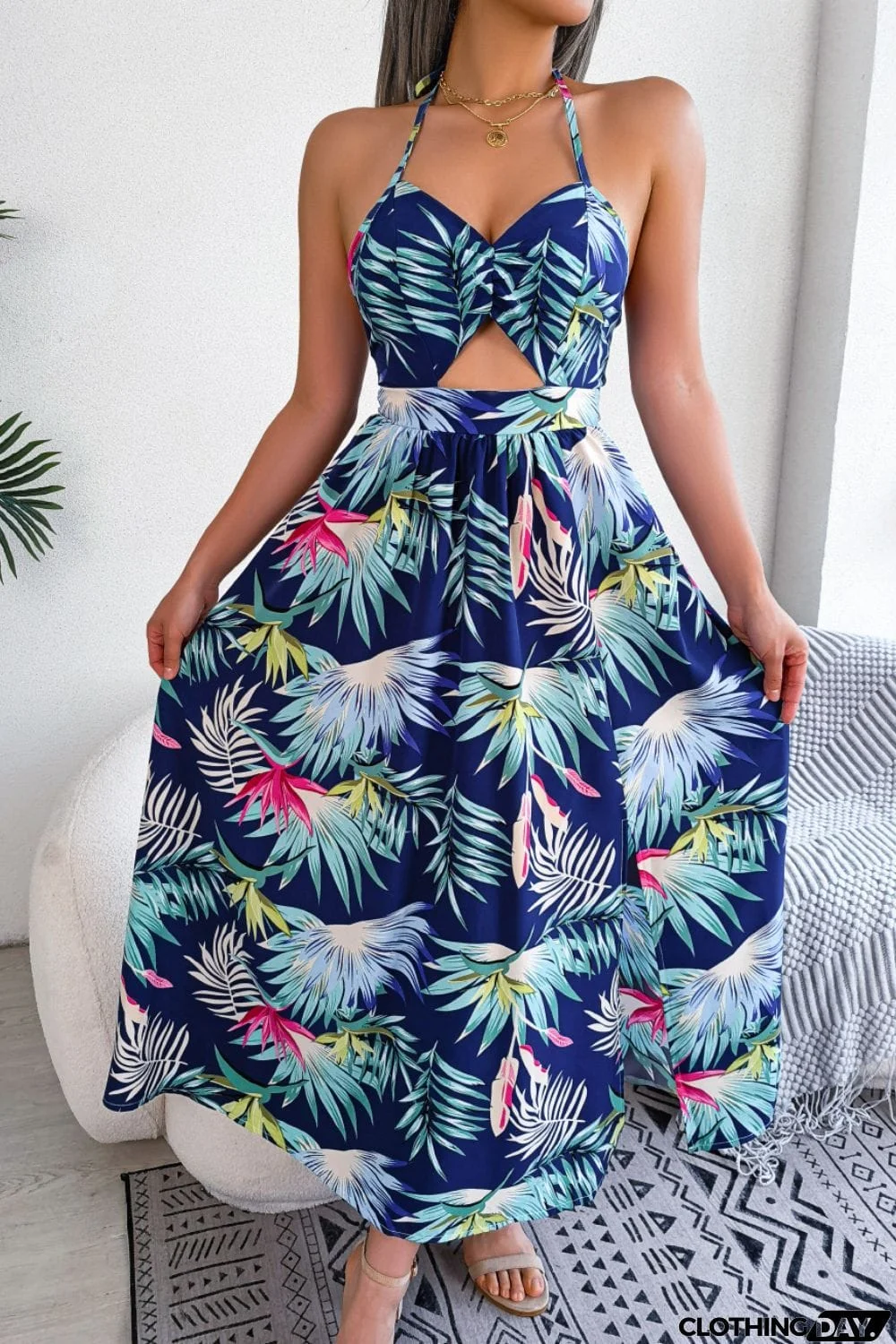 Botanical Print Tied Backless Cutout Slit Dress