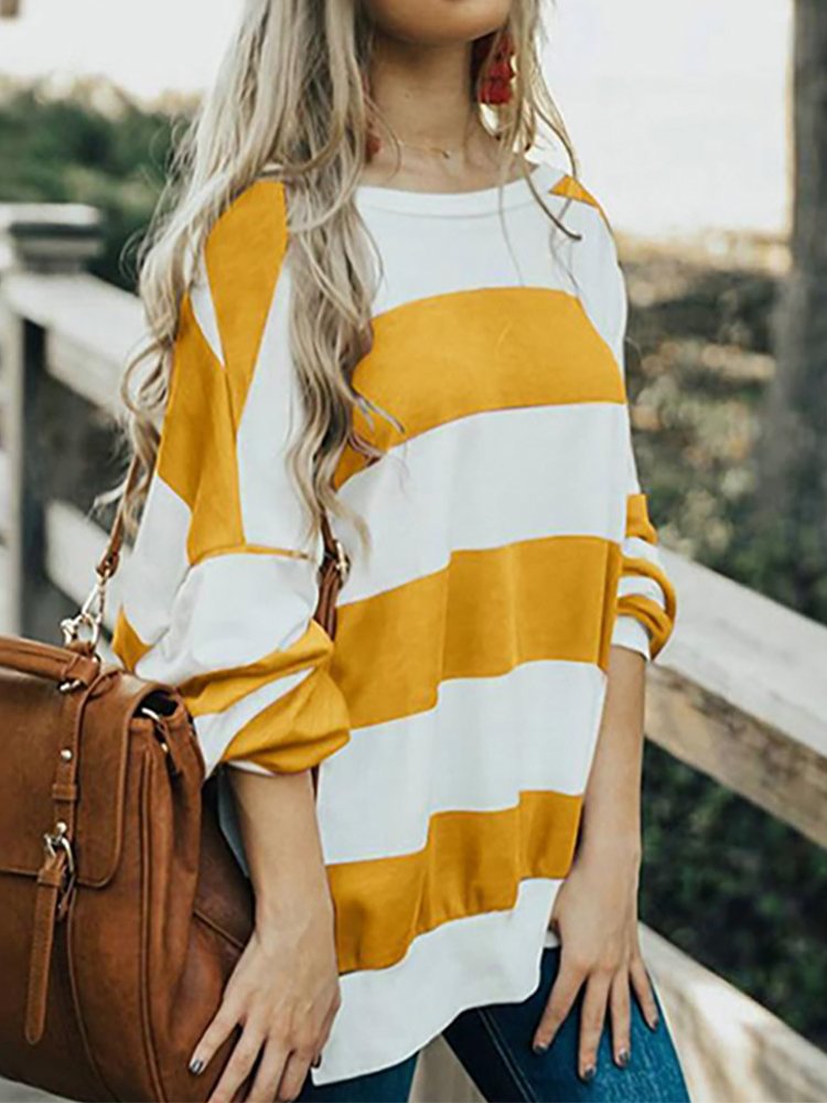 Contrast Color Stripe Long Sleeve Loose Blouse For Women P1568659