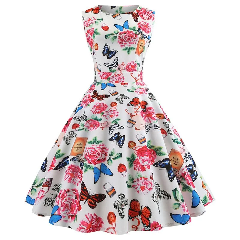 New Autumn Vintage Dresses Women Slim Sleeveless A Line Office Work  Laides Elegant Party  Casual Floral Print Tunic