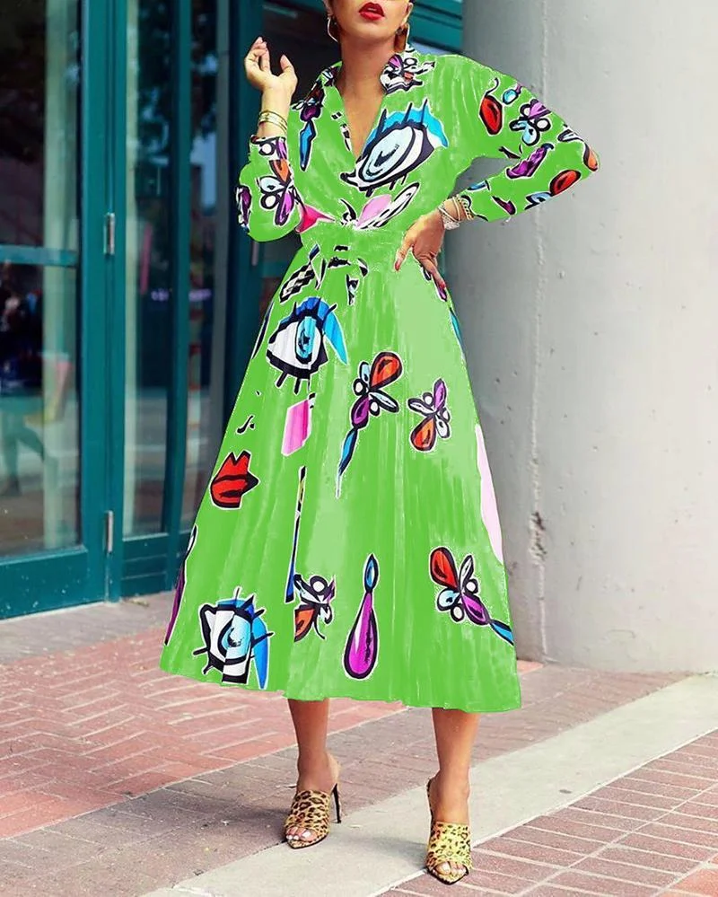 Eye-printed long-sleeved shirt + pleated skirt two-piece suit