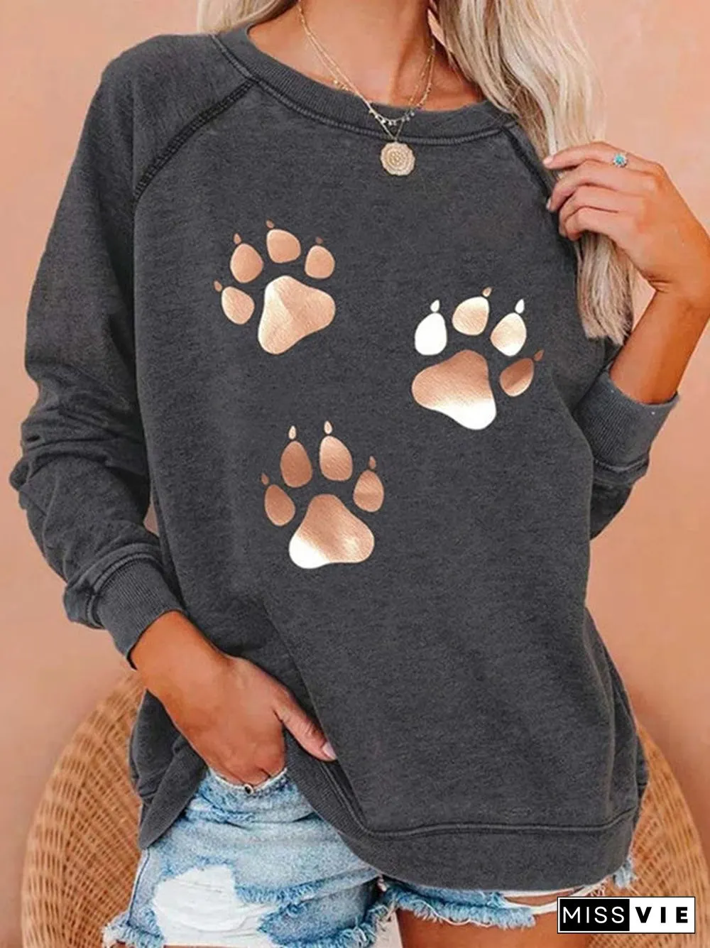 Women's Scoop Neck Long Sleeve Graphic Cat Paw Printed Tops