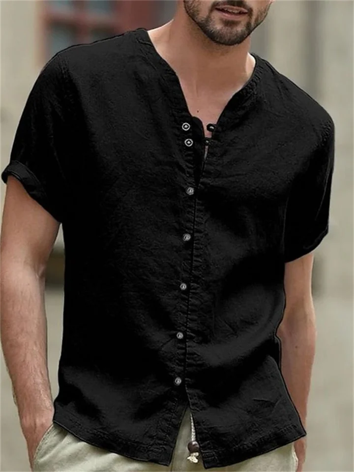 Retro Style Men's Casual Cotton Linen Shirt Small High Collar Solid Color V-neck Short Sleeve Loose New Tops