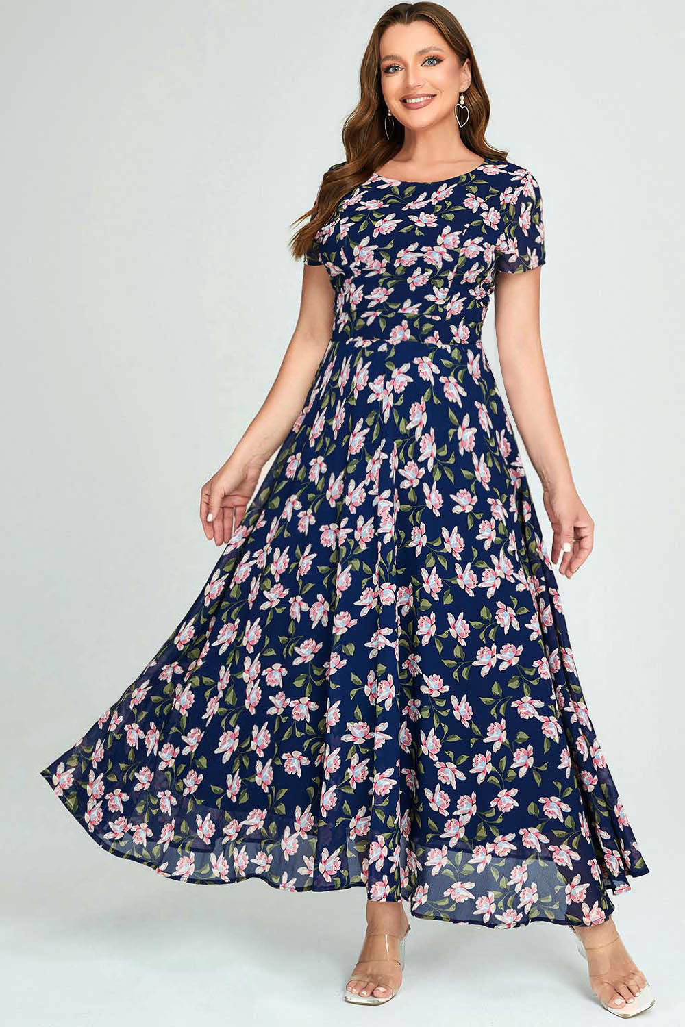 Flycurvy Plus Size Casual Navy Blue Chiffon Floral Print Flowing Hemline Round Neck Maxi Dress 2024 - Flycurvy 