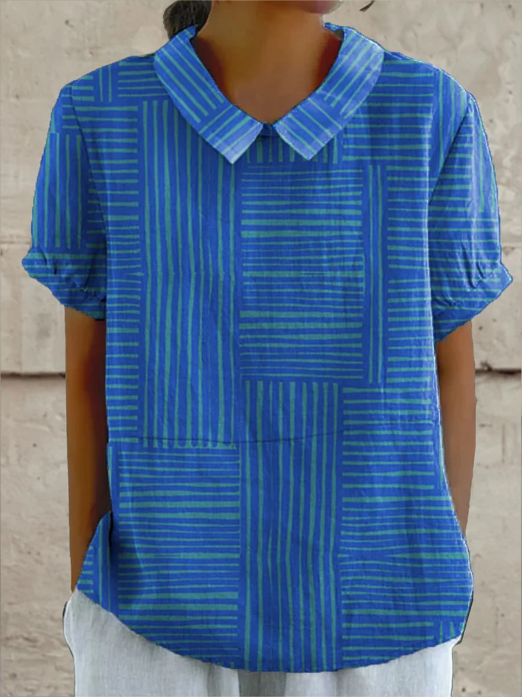 Women's Blue Stripes Art Print Casual Cotton And Linen Shirt