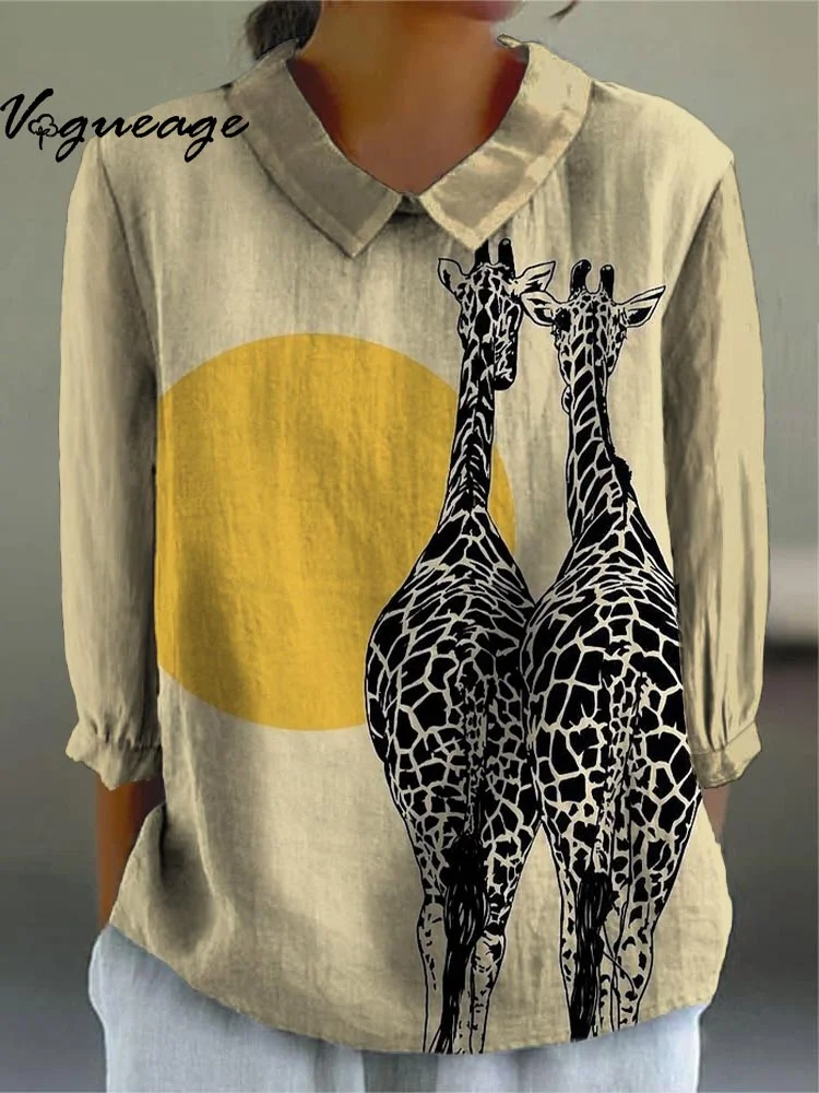 Simple And Elegant Sunset With Deer Printed Cotton And Linen Shirt