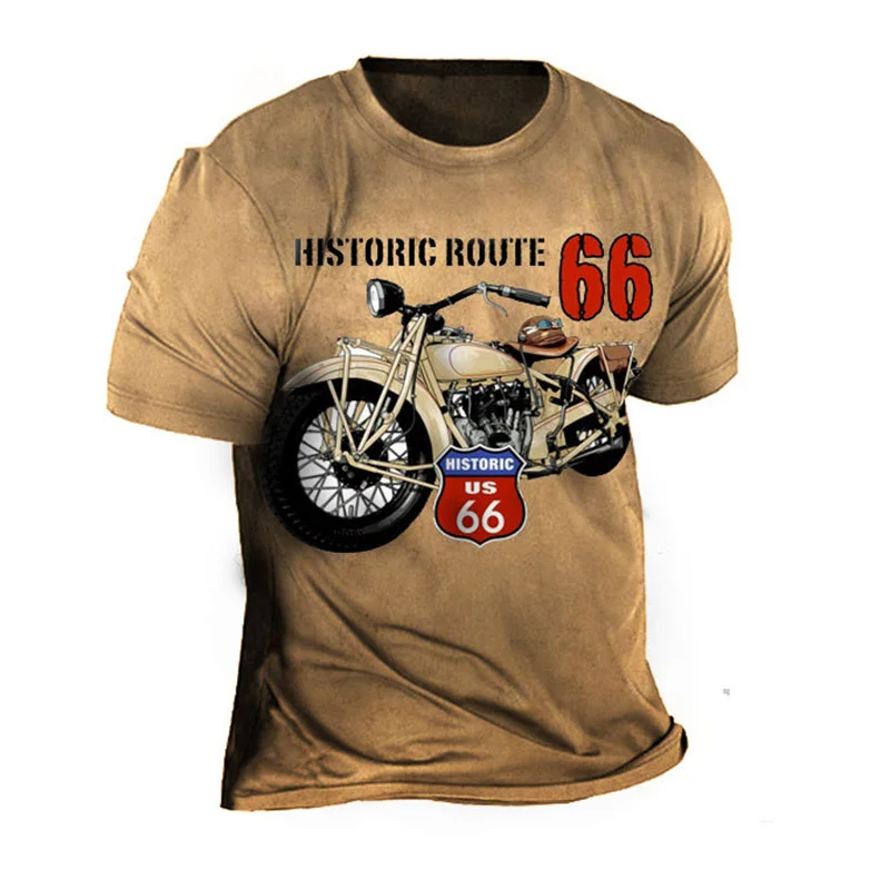 Men's Retro Route 66 Motorcycle Print Short Sleeve T-Shirt