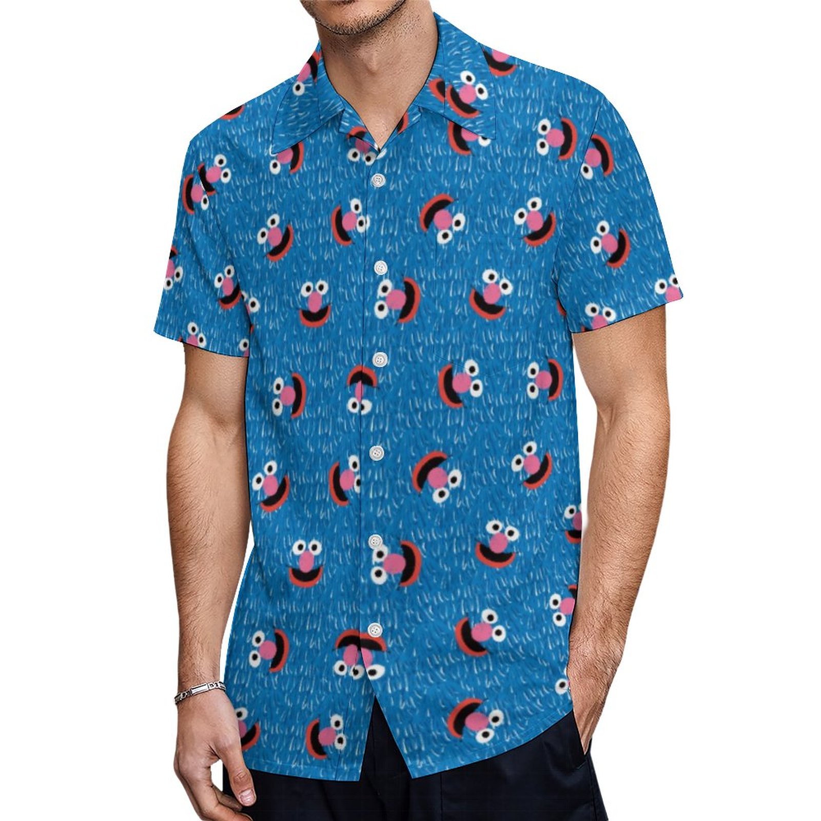 Grover Furry Face Pattern Hawaiian Shirt Mens Button Down Plus Size Tropical Hawaii Beach Shirts