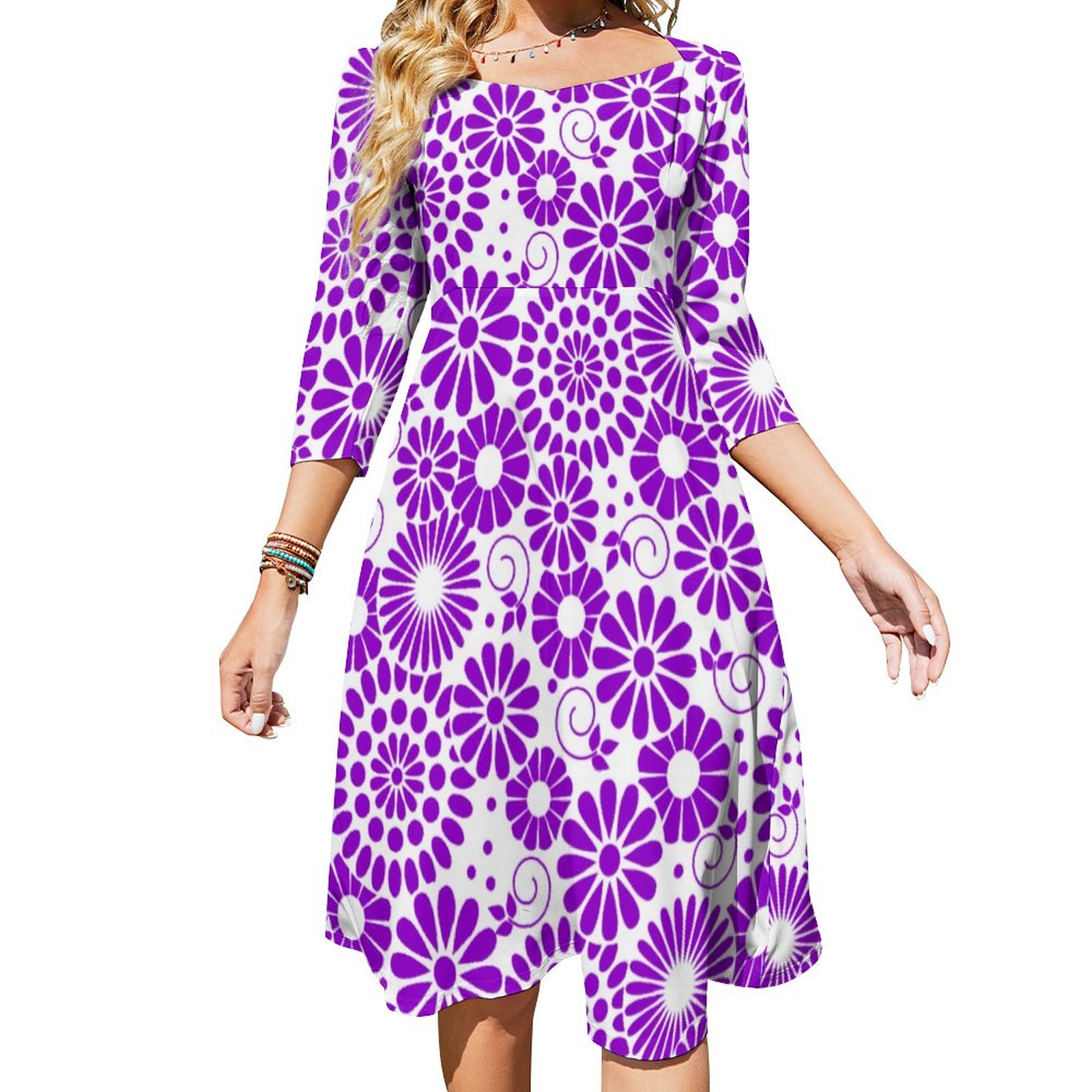 Vintage Floral Purple Stainless Steel Water Bottle Dress Sweetheart Tie Back Flared 3/4 Sleeve Midi Dresses