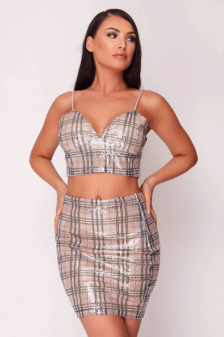 Beige Checkered Sequin Co-ord Katch Me