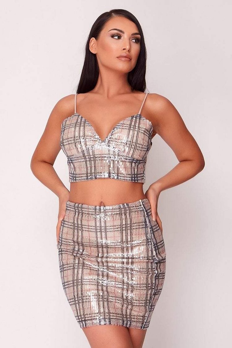 Beige Checkered Sequin Co-ord Katch Me