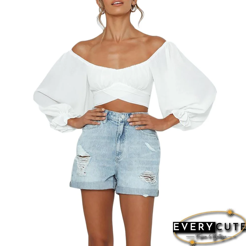 White Long Sleeve Off Shoulder Crop Tops