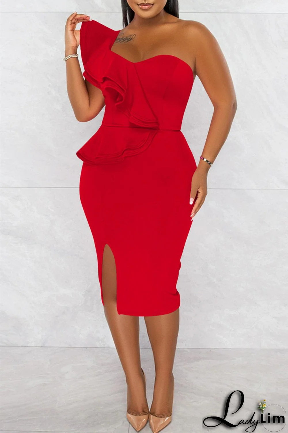 Orange Fashion Sexy Solid Patchwork Backless Slit One Shoulder Sleeveless Dress