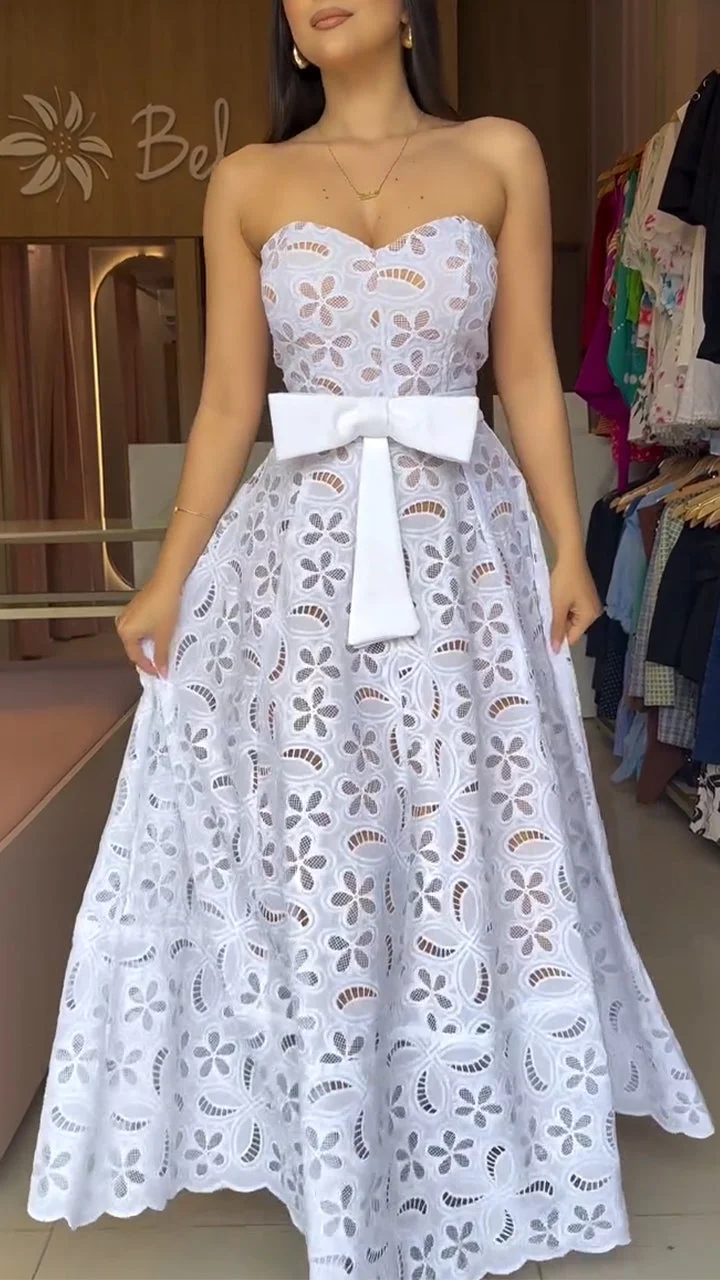 Women's Tube Top Hollow Bow Belt A-line Dress