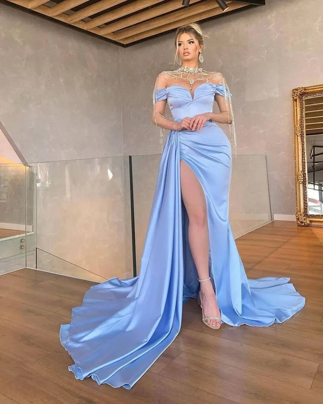 Oknass Baby Blue Split Off-the-shoulder Stain Prom Dress
