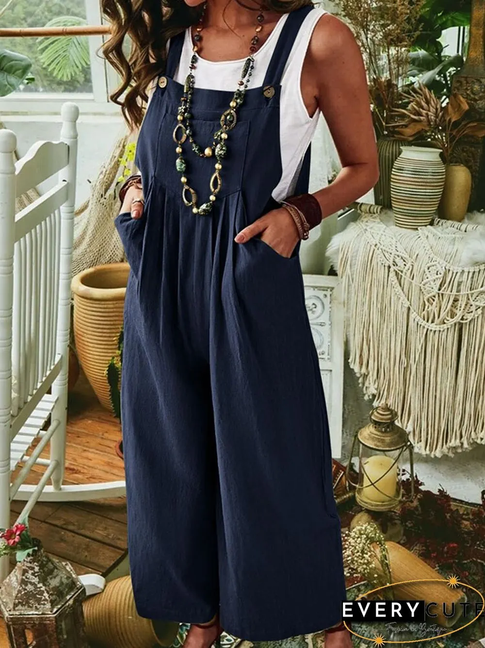 Casual Jumpsuit-Solid Color Womens Clothing Summer Solid Color Cotton Linen Pocket