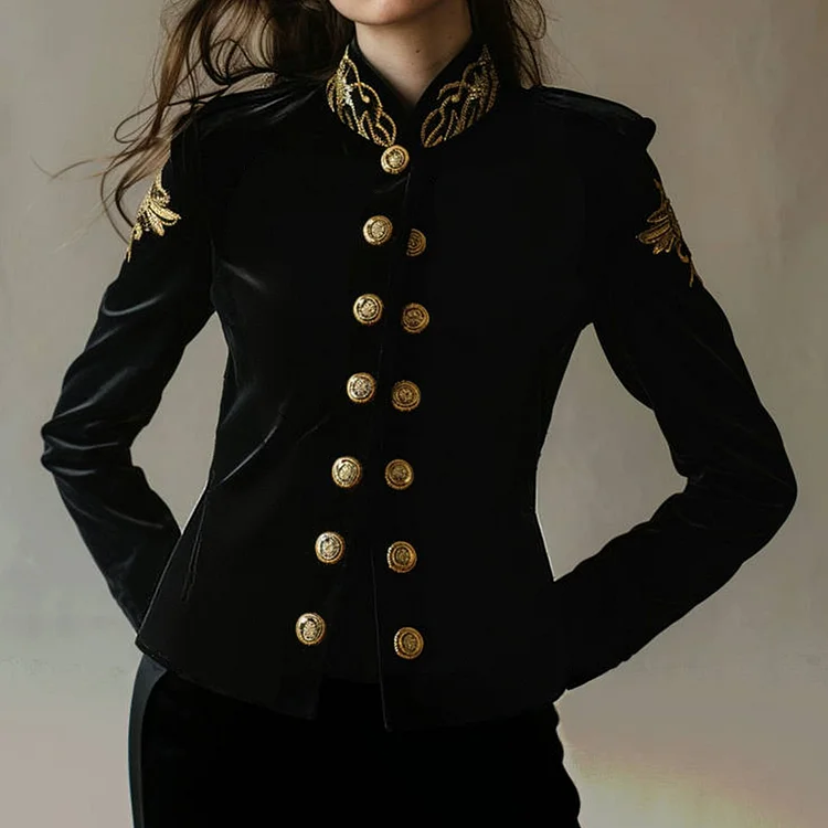 Ursime Gold Pattern Stand Collar Double Breasted Velvet Jacket