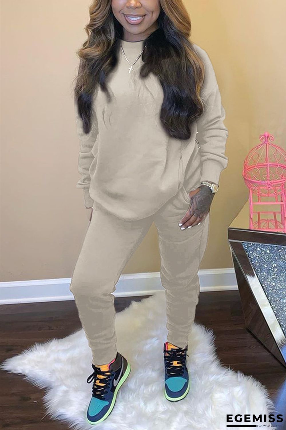 Beige Fashion Casual Long Sleeve O Neck Regular Sleeve Regular Solid Two Pieces | EGEMISS